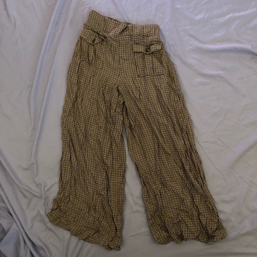 Yellow checkered flowy pants